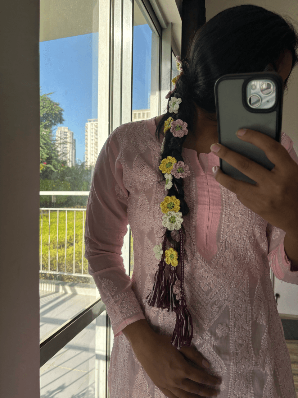 Handcrafted Floral Crochet Paranda – Multicolor Braid Accessory - Image 2
