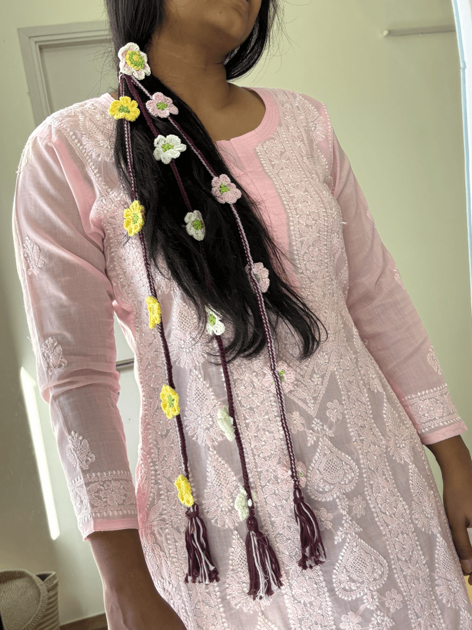 Handcrafted Floral Crochet Paranda – Multicolor Braid Accessory - Image 5